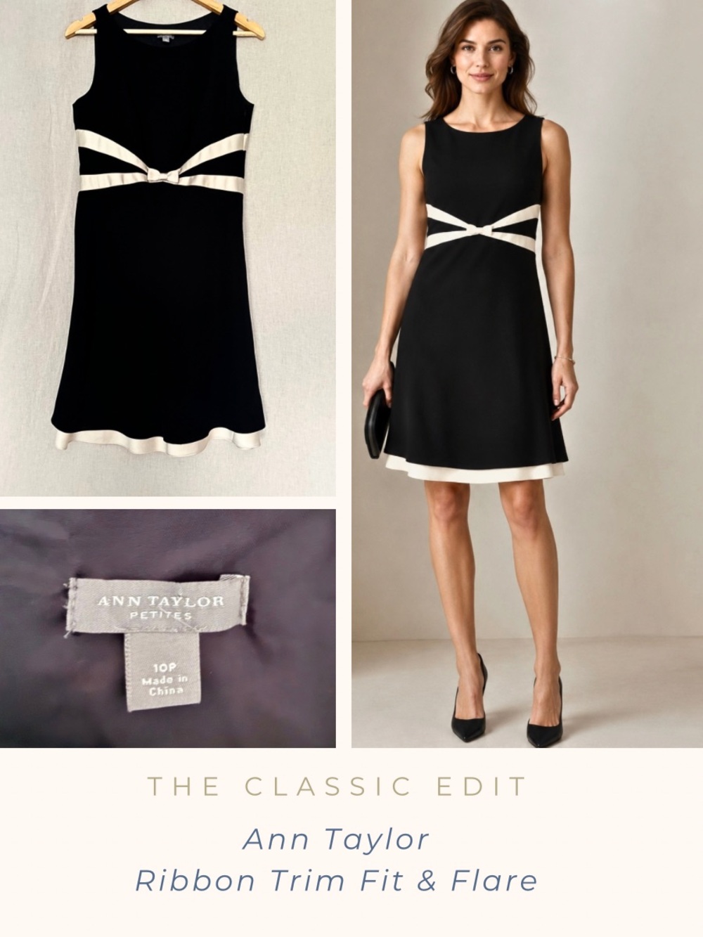 Ann Taylor Black & Ecru Fit & Flare Dress | Satin Trim | Fully Lined
